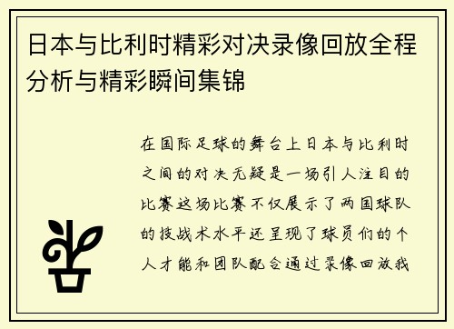 日本与比利时精彩对决录像回放全程分析与精彩瞬间集锦